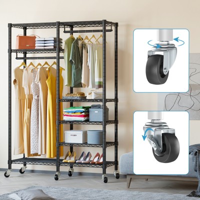 Black Heavy Duty Wire Rolling Garment Rack with Adjustable Shelves