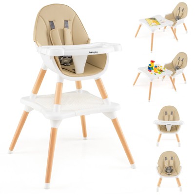 Infans 5-in-1 Baby High Chair Infant Wooden Convertible Chair w/5-Point Seat Belt Khaki