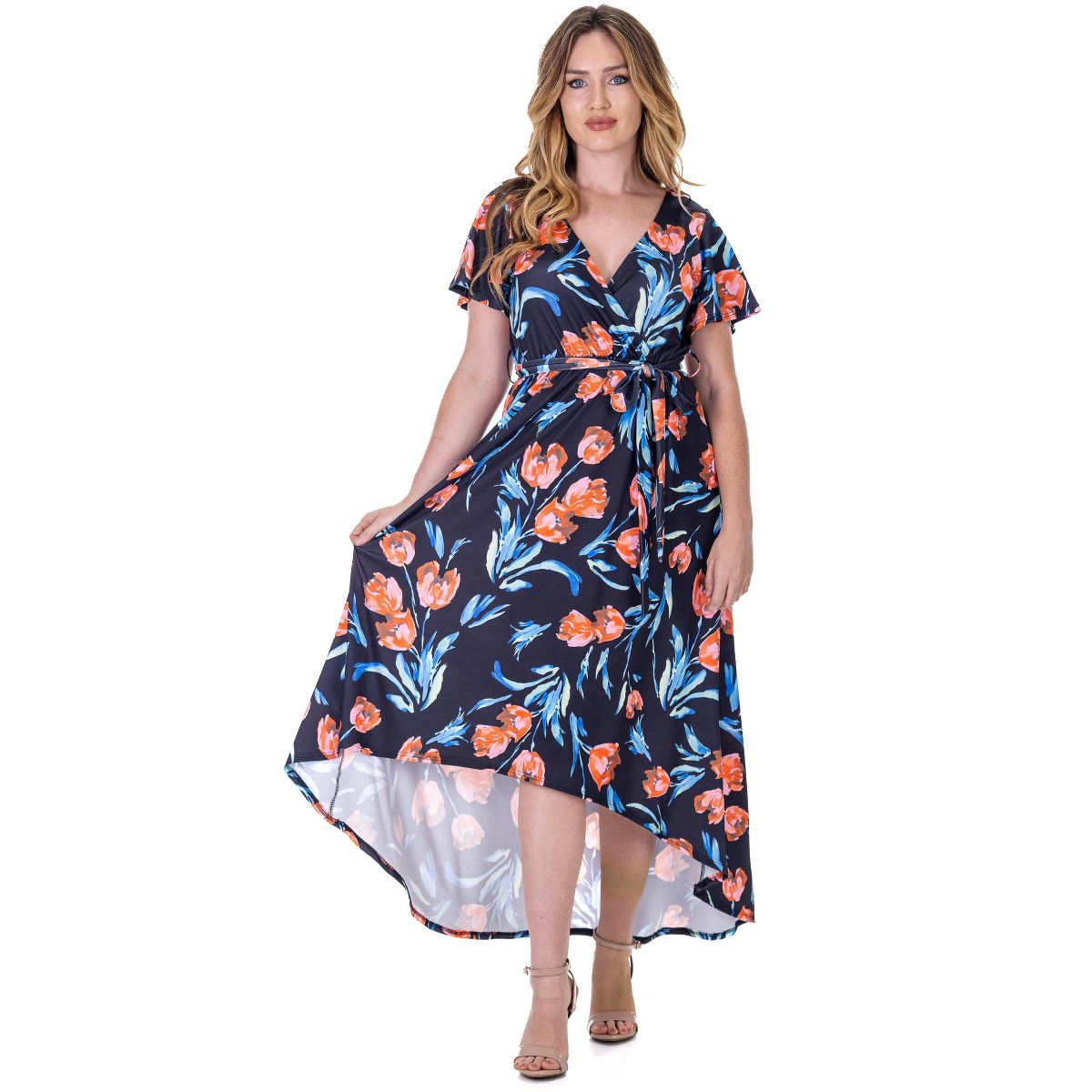 24seven Comfort Apparel Womens Black Floral V Neck Belted High Low Faux Wrap Dress