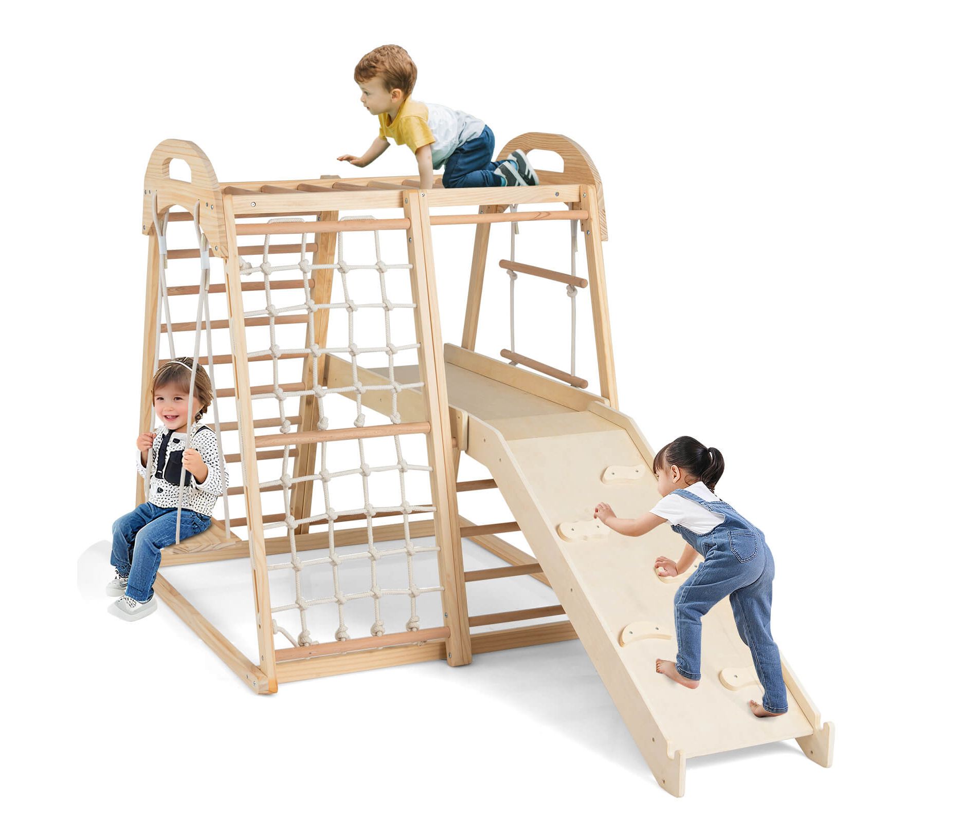 Costway 8-in-1 Jungle Gym with Slide, Monkey Bar, Swing, Rope Ladder, Resting Platform, Net Natural/Multicolor