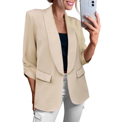 INSPIRE CHIC Women's Work Shawl Collar Ruched 3/4 Sleeves Open Front with Pockets Blazer