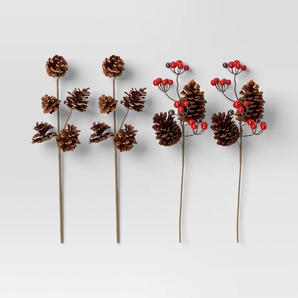 4pc Christmas Pick Set 2 Iced Pinecone 2 Red Berry with Pinecones - Wondershop™