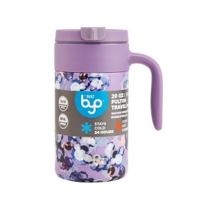 Byo 20 Oz Insulated Travel Mug, Stainless Steel Desk Mug with Handle, Leak-Proof Slide Lid, Wide Mouth for Ice, One Touch Open (Purple Floral) - 1 of 3