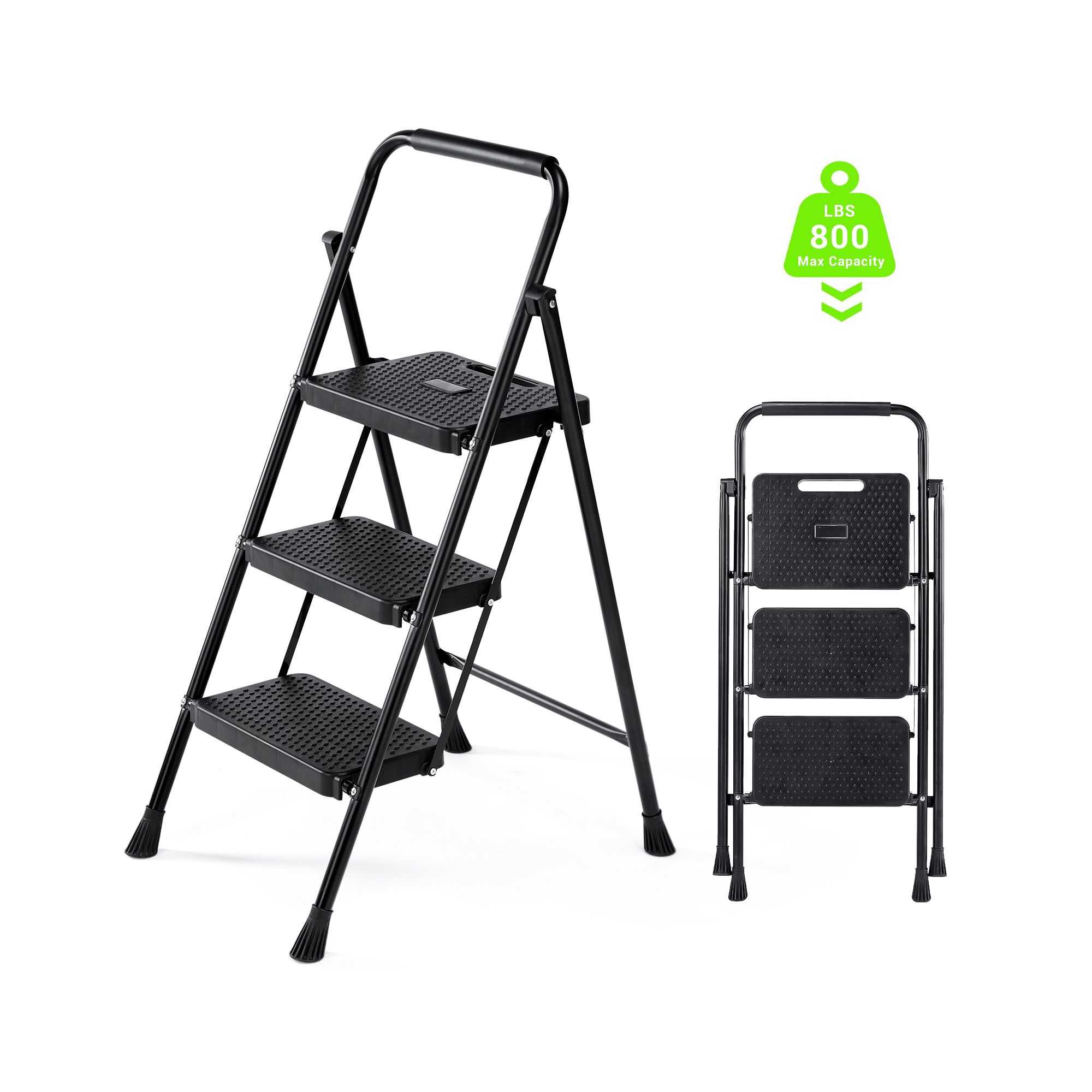 Heavy Duty Folding Ladder Stool with Wide Anti-Slip Pedal - 3 Step-Black0lbs