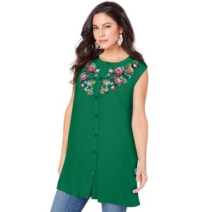 Roaman's Women's Plus Size Sleeveless Embroidered Angelina Tunic - 1 of 2