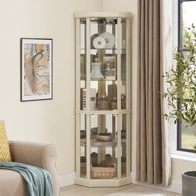 69" H Lighted Corner Curio Cabinet Display Case With Adjustable Shelves, Tempered Glass, Mirrored Back Panel