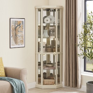 69" H Lighted Corner Curio Cabinet Display Case With Adjustable Shelves, Tempered Glass, Mirrored Back Panel - 1 of 4