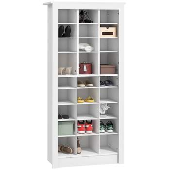HOMCOM 58" Narrow Shoe Cabinet for Entryway, Tall Shoe Rack Storage Organizer with Adjustable Shelves for 27 Pairs of Shoes for Hallway, White