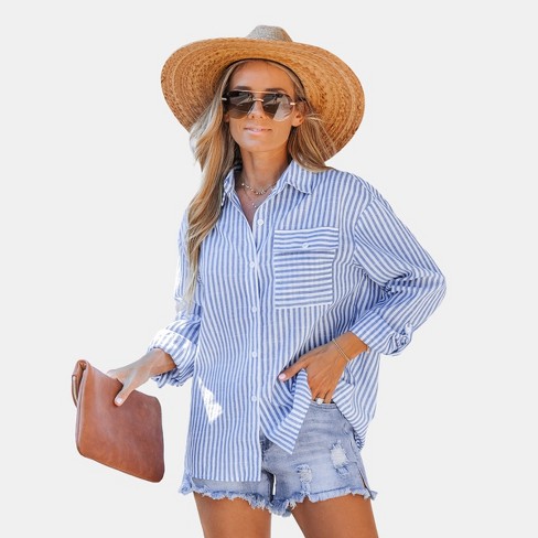 Women's Striped Flap Pocket Dropped Long Sleeve Shirt -cupshe-xs-blue :  Target