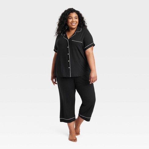 Women's Beautifully Soft Short Sleeve Notch Collar Top and Pants Pajama Set  - Stars Above™ Black 1X