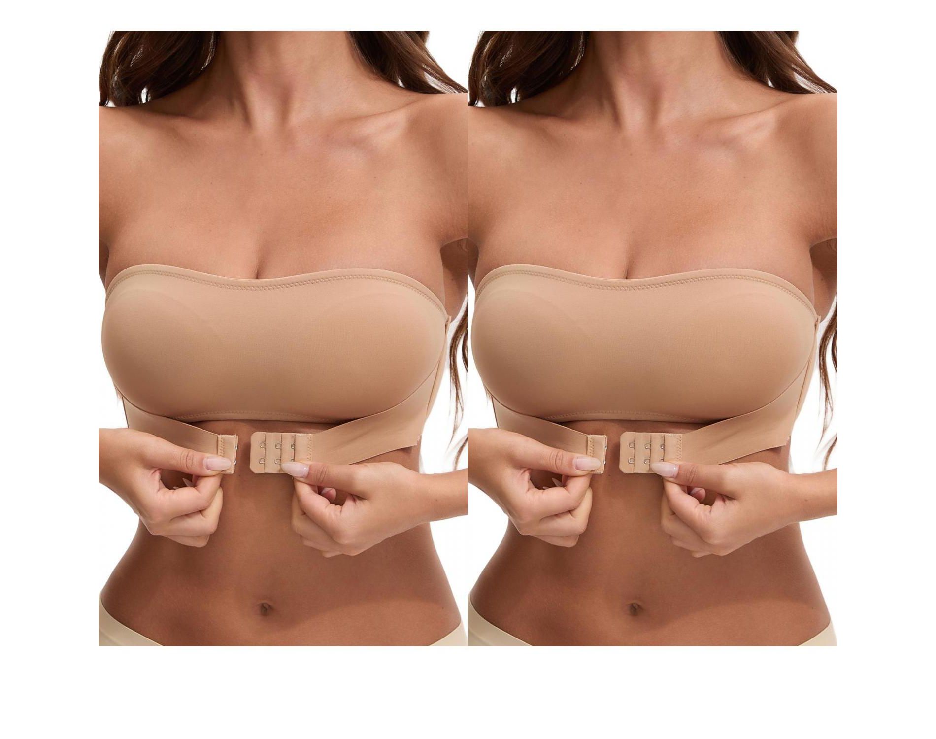 INSPIRE CHIC Women's Front Closure Strapless Wirefree Bandeau Non-Slip Bras 2 Packs 2 Khaki Large