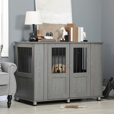 45" Wooden Dog Crate Furniture for Large Dogs,Indoor Pet Kennel End Table with Locking Doors and Steel Ventilation Panels - LAOTIES