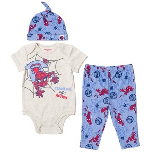 Marvel Avengers Hulk Captain America Spider-Man Baby Bodysuit Pants and Hat 3 Piece Outfit Set Newborn to Infant - 1 of 4