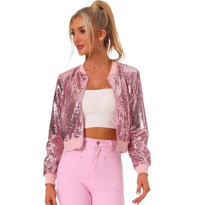 Allegra K Women's Sequin Long Sleeve Glitter Shiny Party Bomber