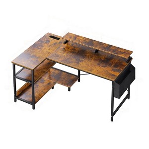 Gulches 47inch Vintage L Shaped Gaming Desk with Power Outlets USB Ports Monitor Stand Storage Shelves Side Bag Corner Home Office Desk - 1 of 4