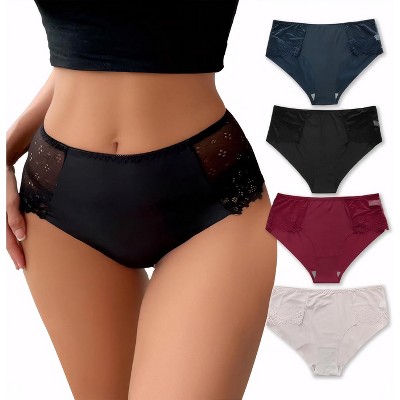 Paaaawaters 4-piece set of women's oversized ice silk panties, skin friendly and breathable lace wrapped around the hips