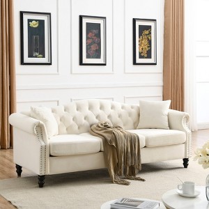 TiramisuBest 79" 3-Seater Tufted Velvet Sofa with Rolled Arms & Nailhead Trim, Beige for Living Room, Bedroom & Office - w/2 Pillows - 1 of 4
