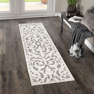 Natural Gray Damask Pattern Indoor Outdoor Runner Rug