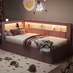 Twin Size Upholstered Platform Bed with Trundle, USB Ports and LED Belt - 1 of 4