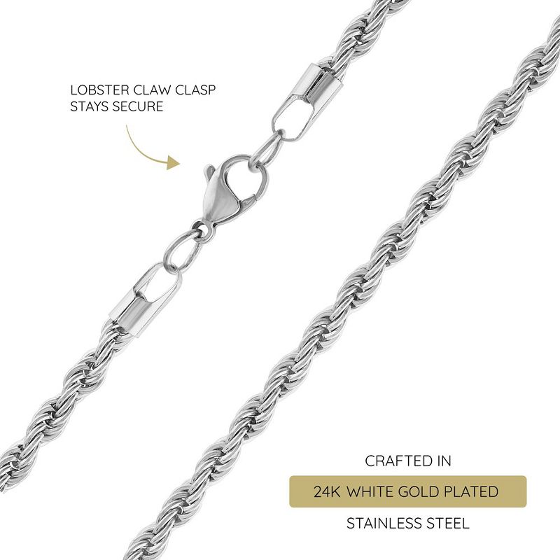 KISPER 24k White Gold Rope Chain Necklace – Thick 5mm White Gold Plated Stainless Steel Jewelry for Men & Women with Lobster Clasp, 3 of 8