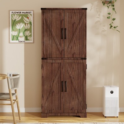 SinCiDo Farmhouse Kitchen Pantry with Barn Doors and Adjustable Shelves, Storage Cabinet, Rustic Wood Cupboard for Kitchen