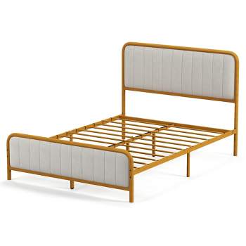 Costway Full Gold Metal Bed Frame Upholstered Platform Bed with Velvet Headboard