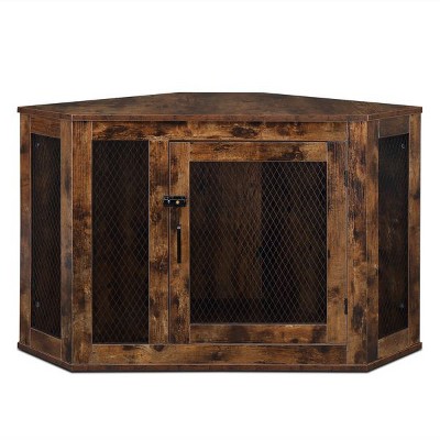 Munora - Furniture Corner Dog Crate - Lockable Wood & Mesh Kennel for Small/Medium Dogs - Indoor Pet House & Side Table - Rustic Brown