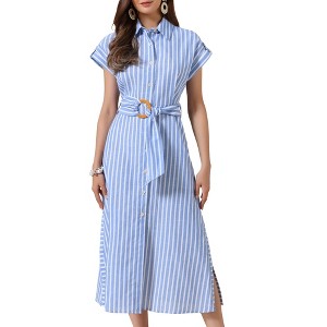 INSPIRE CHIC Women's Turndown Collar Cap Sleeve Striped Side Slit Belted Summer A-Line Midi Dresses - 1 of 4