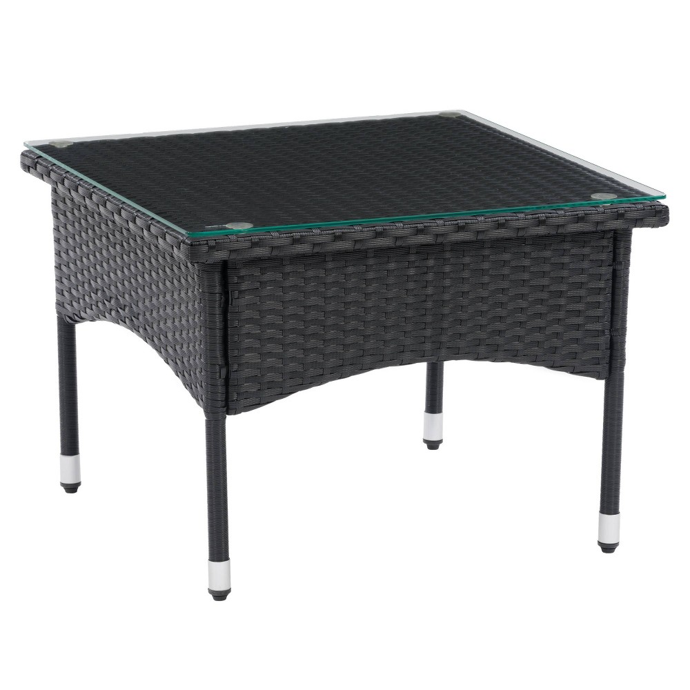 Parksville Rattan Side Table - Black - CorLiving: UV & Weather-Resistant, Tempered Glass Top