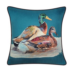 18"x18" Watercolor Ducks Printed with Ribbon Embroidery Teal - Edie@Home: Farmhouse Style, Square Shape, Zipper Closure - 1 of 4