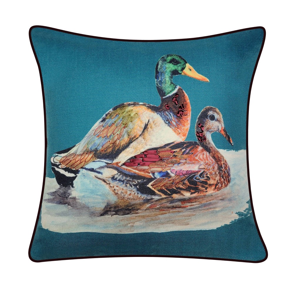 18"x18" Watercolor Ducks Printed with Ribbon Embroidery Teal - Edie@Home