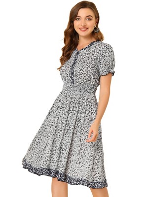Allegra K Women's Floral Ruffle Neck Smocked Waist Short Sleeve Sundress