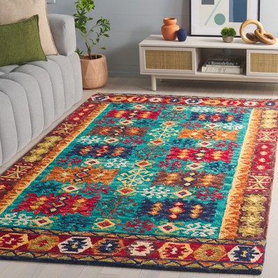 Handmade Blue and Red Geometric Wool Area Rug, 5' x 8'