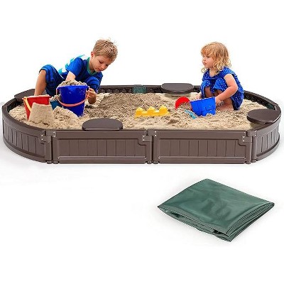 Costzon Kids Sandbox with Cover, HDPE Sand Pit with Built-in Seating & Liner, Outdoor Play for Backyard, Garden, Beach, Ages 3+ (Elliptical)