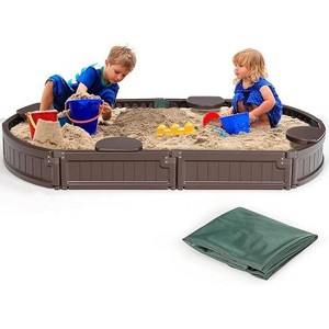 Costzon Kids Sandbox with Cover, HDPE Sand Pit with Built-in Seating & Liner, Outdoor Play for Backyard, Garden, Beach, Ages 3+ (Elliptical) - 1 of 4