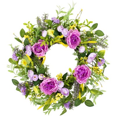 Northlight Peony Mixed Floral Springtime Wreath - 24" - Purple and Yellow
