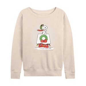 Women's - Peanuts - Snoopy Christmas House Lightweight French Terry Wide Neck Long Sleeve Graphic Shirt - 1 of 4