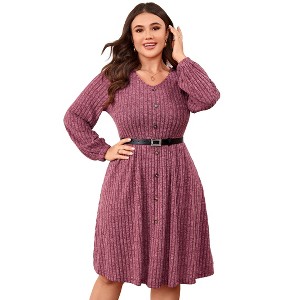 Womens V Neck Sweater Dress Lantern Long Sleeve Single Button Ribbed Knit Casual Dress with Belt - 1 of 4