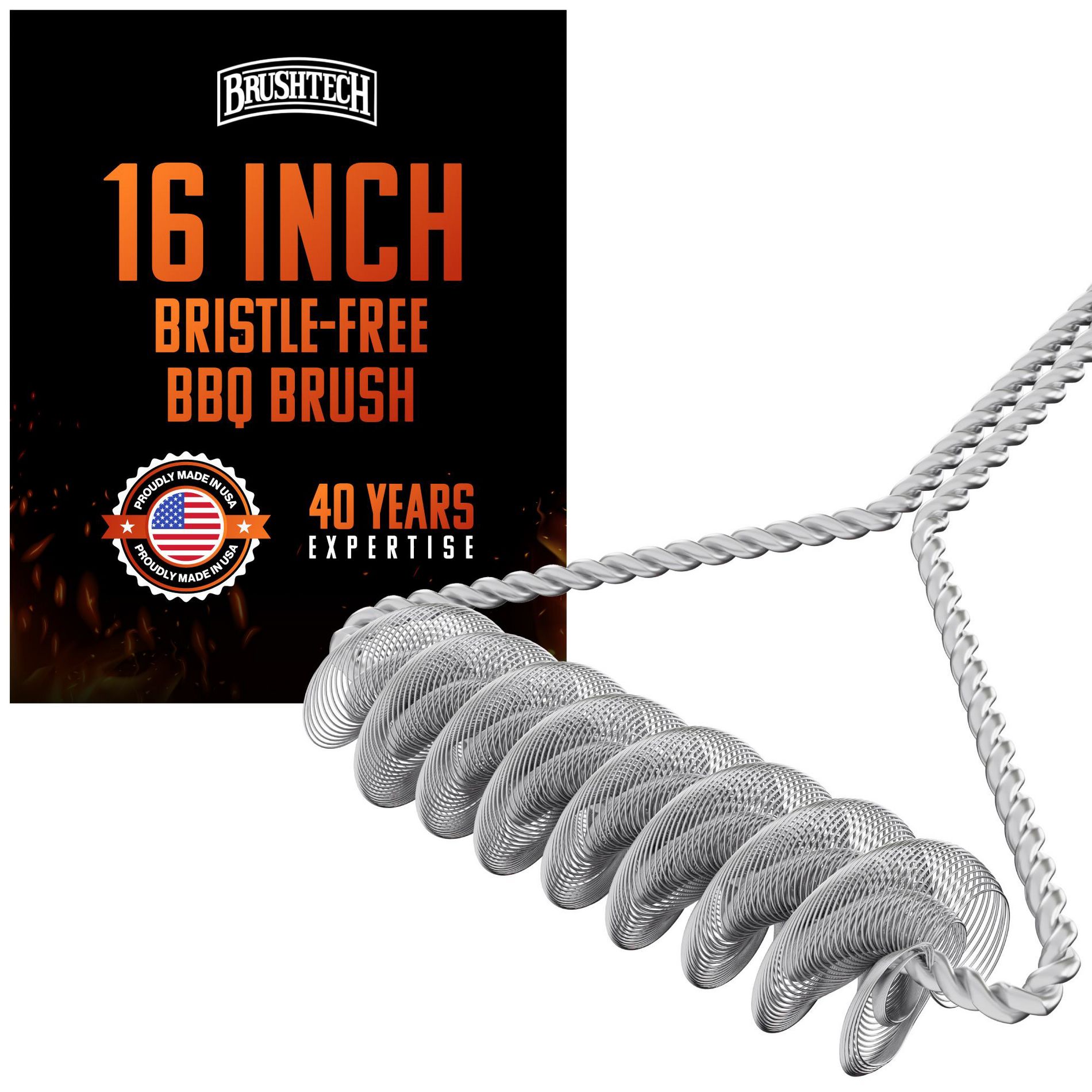 Brushtech 16" Quad Spring Safety Grill Brush - Long-Handle Grill Cleaning Brush for Gas & Charcoal Grills - Must-Have BBQ Tools, Made in USA
