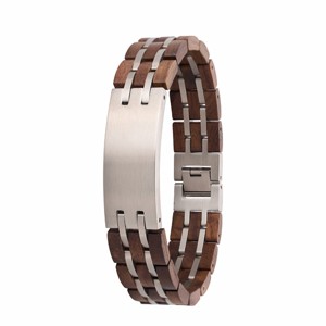 Men's Silver Stainless Steel and Natural Wood Link Bracelet, Wide Woven Wristband with Secure Clasp - 1 of 1