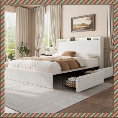 Garvee Bed Frame with Storage Headboard, Charging Station & LED Lights, Bed with 4 Drawers, No Box Spring Needed, Noise-Free Design
