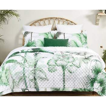 Azores Home 3pc Queen Palm Printed Oversized Quilt Set Dark Green