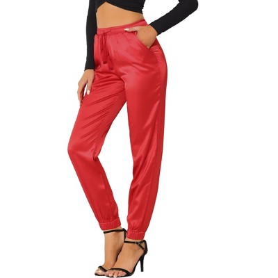 Allegra K Women's Fall Satin Joggers Drawstring Elastic High Waist