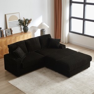 TiramisuBest 84" 3-Seater Corduroy Sofa w/ 3 Back Pillows, 2 Ottomans, Storage & Cup Grooves - Deep Plush Seating for Living Room,Black - 1 of 4