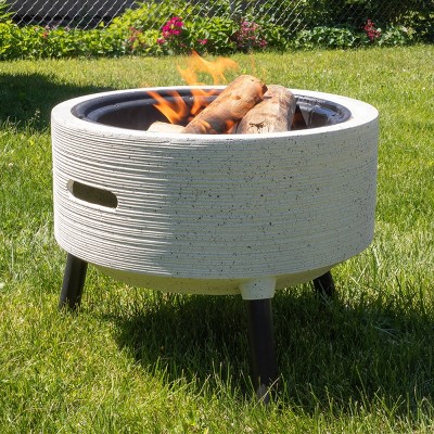 21" Round Light Gray Magnesium Oxide Fire Pit with Poker and Cover