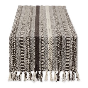 Design Imports  Braided Stripe Jacquard Fringe Table Runner, 15X108", Dark Brown - 1 of 4