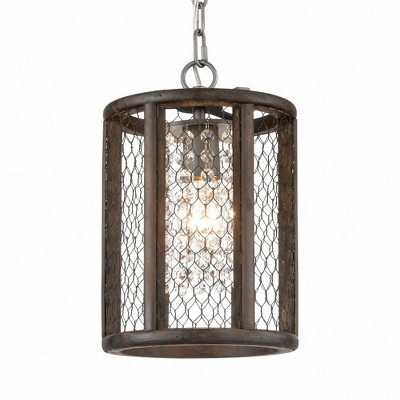 Contemporary Mini Crystal Pendant with Weathered Zinc & Aged Wood