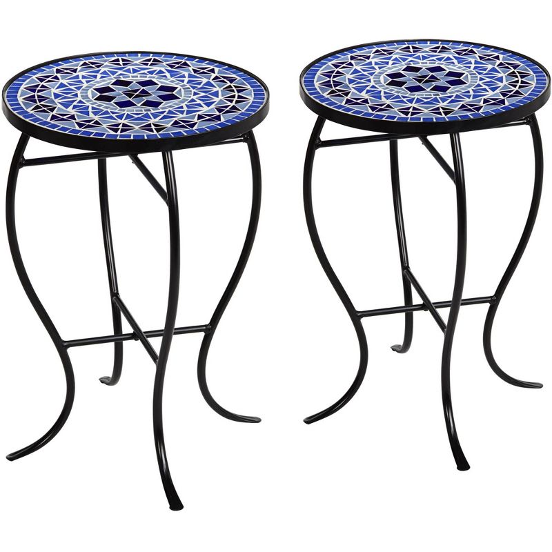 Teal Island Designs Modern Black Round Outdoor Accent Side Tables 14" Wide Set of 2 Light Blue Mosaic Tabletop Front Porch Patio Home House, 1 of 8