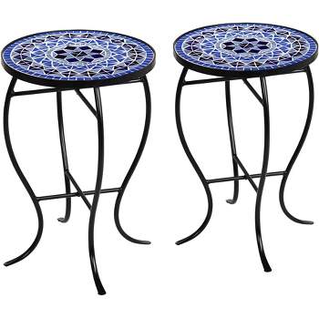 Teal Island Designs Modern Black Round Outdoor Accent Side Tables 14" Wide Set of 2 Light Blue Mosaic Tabletop Front Porch Patio Home House
