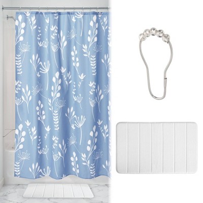 light blue and white shower curtains